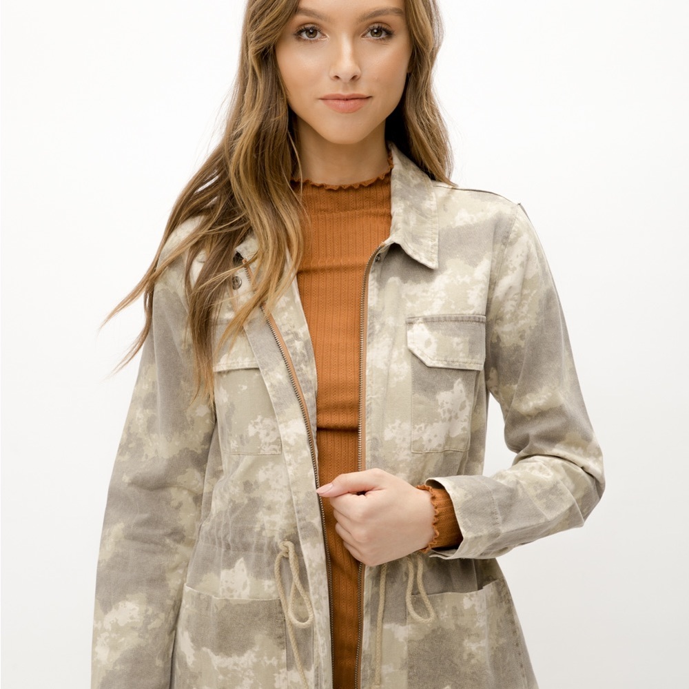 🆕Mystree Camouflage Shacket Distressed Vintage Coloring Drawstring Waist Cotton - Picture 3 of 14